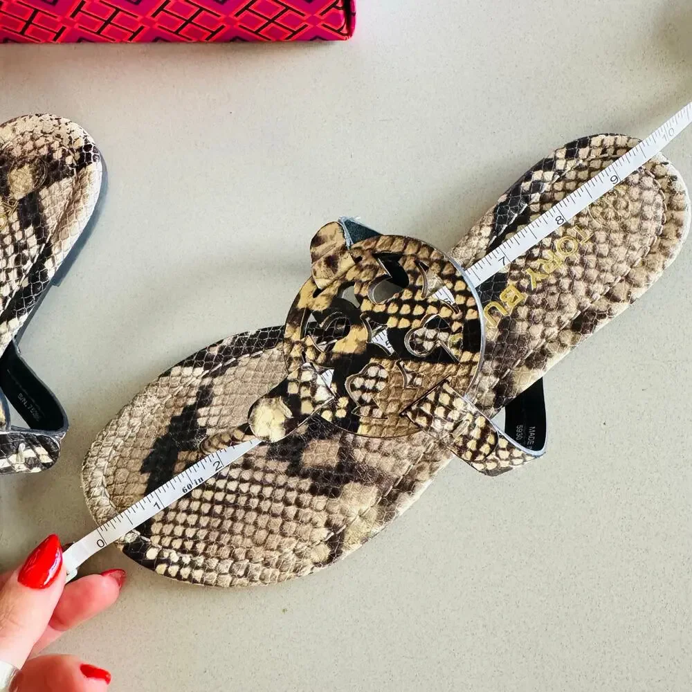 TORY BURCH Beige Black Roccia Snakeskin Leather Miller $258 Slides Sandals 7.5